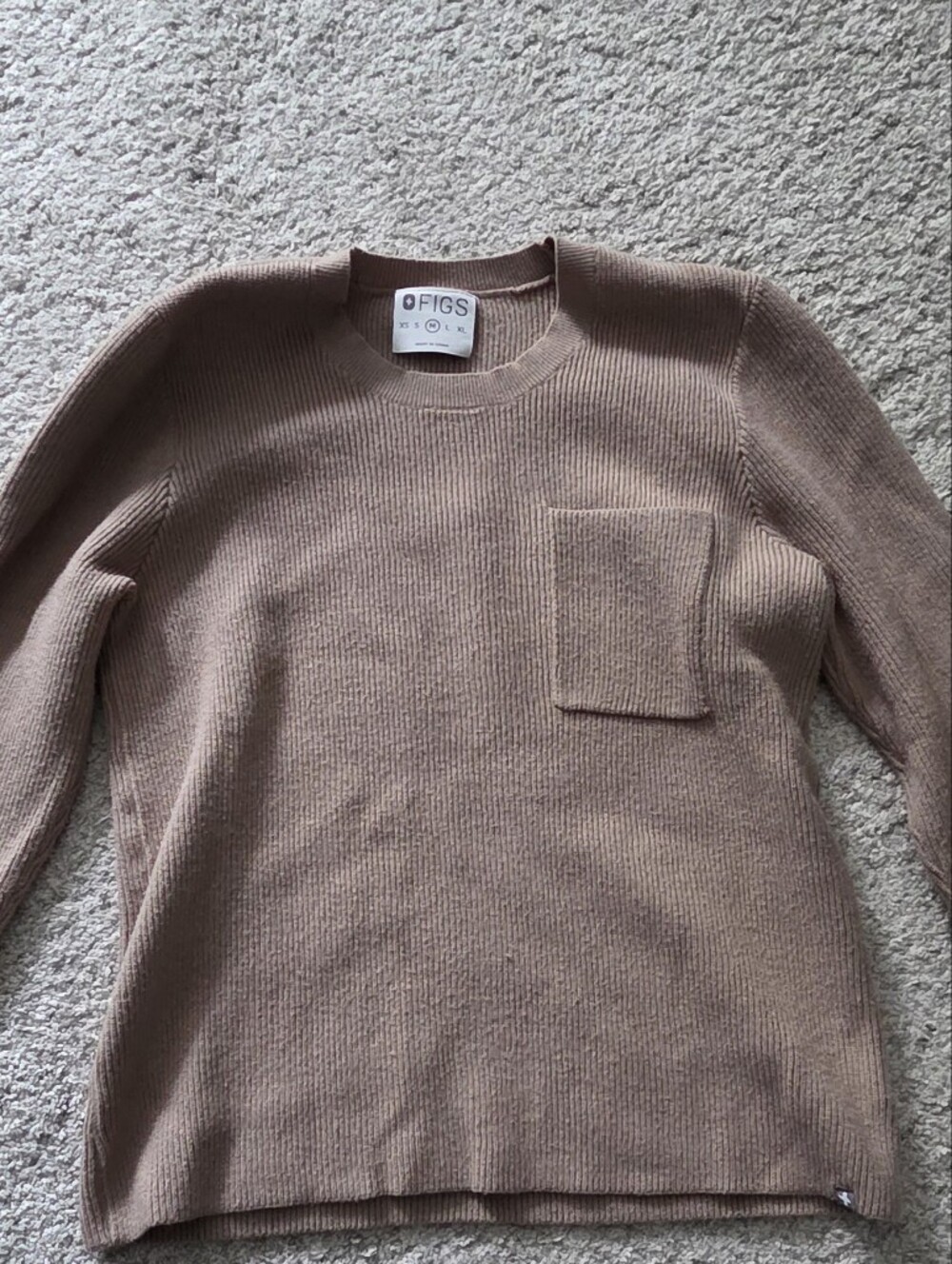 FIGS Women's Ribbed Long Sleeve Crewneck Sweater Top Pocket Taupe Brown Size M